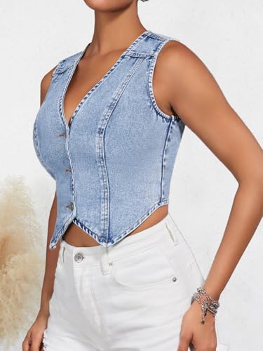 SHENHE Women's Button Down Denim Vest V Neck Cropped Jean Vest Top Y2K Sleeveless Jean Jacket Blue Medium