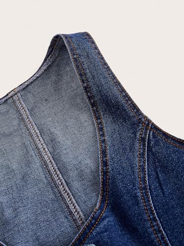 Verdusa Women's Button Front Scoop Neck Sleeveless Crop Denim Vest Jean Jacket Dark Wash Medium