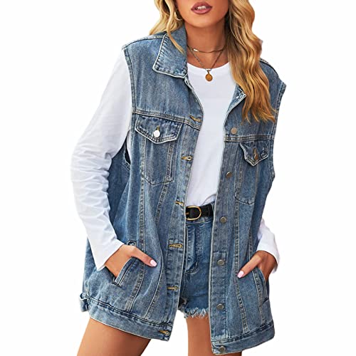 Anzber Women's Denim Vest Oversized Casual Classic Sleeveless Button Denim Jacket,Blue,3XL
