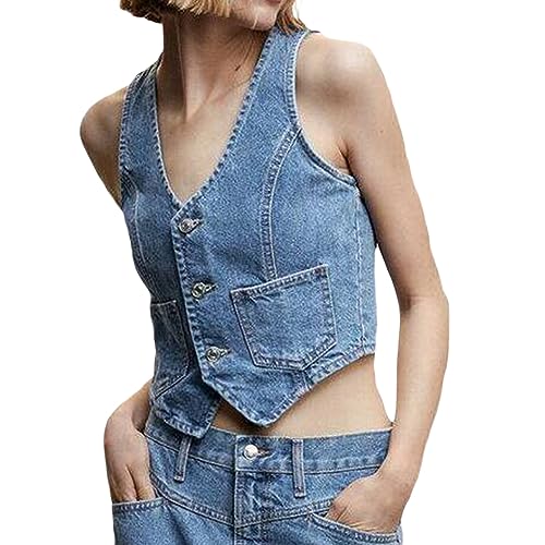 Women Denim Vest Sleeveless Crop Tops Button Denim Gilet Jacket Casual V Neck Jean Waistcoat Y2K Streetwear (Blue, L)
