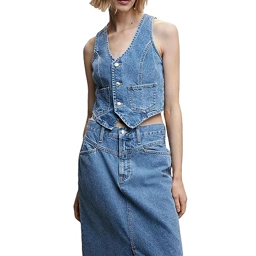 Women Denim Vest Sleeveless Crop Tops Button Denim Gilet Jacket Casual V Neck Jean Waistcoat Y2K Streetwear (Blue, L)