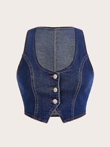 Verdusa Women's Button Front Scoop Neck Sleeveless Crop Denim Vest Jean Jacket Dark Wash Medium