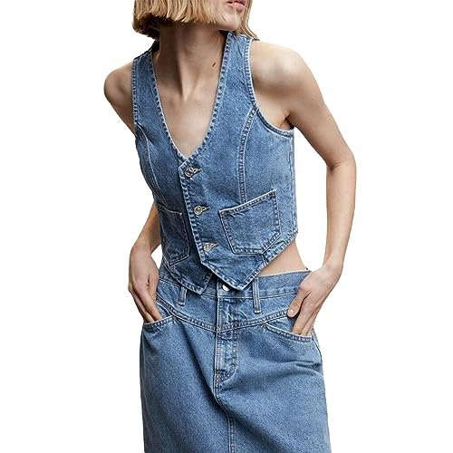 Women Denim Vest Sleeveless Crop Tops Button Denim Gilet Jacket Casual V Neck Jean Waistcoat Y2K Streetwear (Blue, L)
