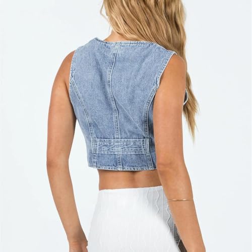 MINNZIZ Women Sleeveless Crop Denim Vest Solid Color V Neck Button Jean Tank Top Retro Y2K Streetwear Going Out Waistcoat（Blue, M）