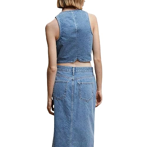 Women Denim Vest Sleeveless Crop Tops Button Denim Gilet Jacket Casual V Neck Jean Waistcoat Y2K Streetwear (Blue, L)