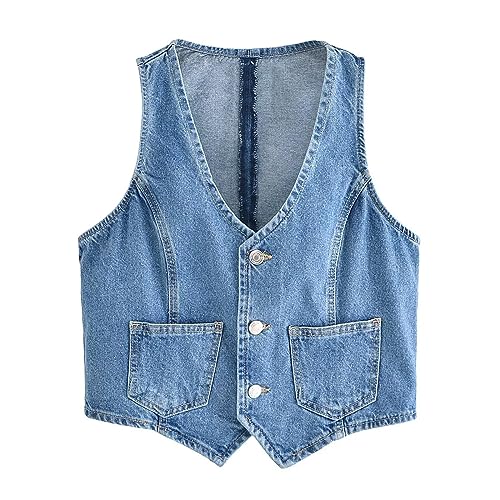 Women Denim Vest Sleeveless Crop Tops Button Denim Gilet Jacket Casual V Neck Jean Waistcoat Y2K Streetwear (Blue, L)