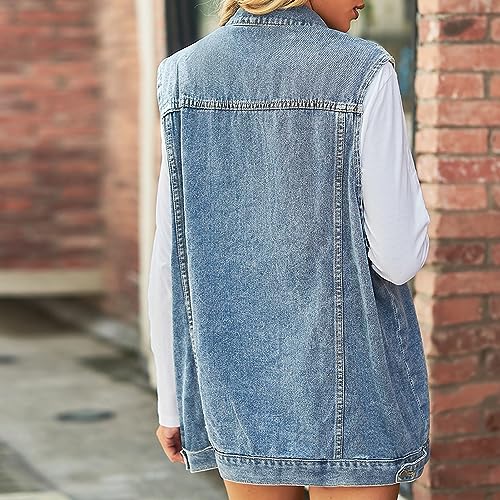 Anzber Women's Denim Vest Oversized Casual Classic Sleeveless Button Denim Jacket,Blue,3XL