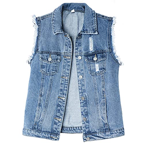 ebossy Women's Candy Color Slim Fit Sleeveless Distressed Denim Jean Vest Jacket (Large, Z-Blue)
