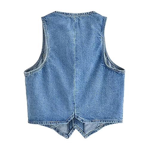 Women Denim Vest Sleeveless Crop Tops Button Denim Gilet Jacket Casual V Neck Jean Waistcoat Y2K Streetwear (Blue, L)