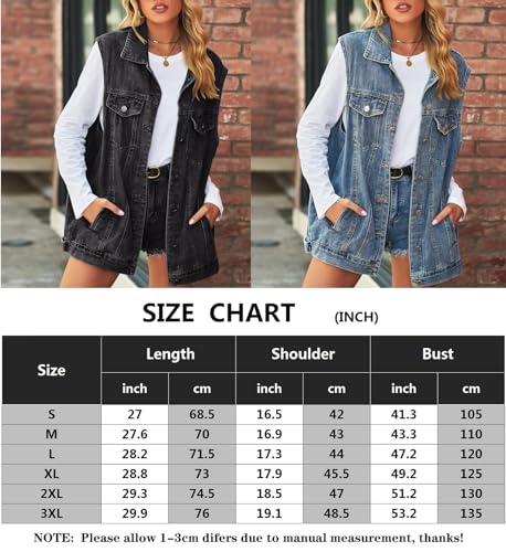 Anzber Women's Denim Vest Oversized Casual Classic Sleeveless Button Denim Jacket,Blue,3XL