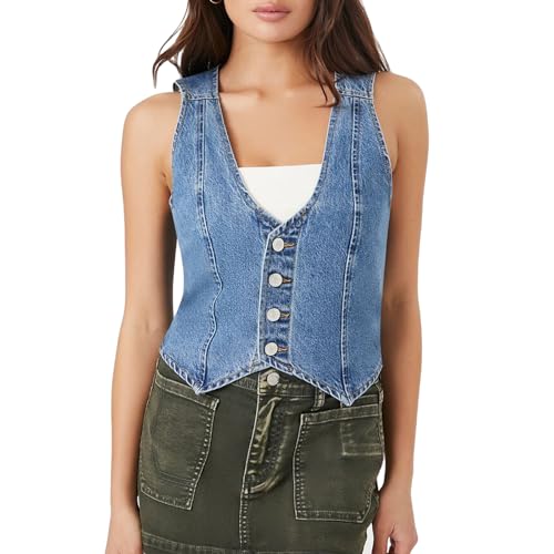 Women Denim Tank Tops Sleeveless Button Down Denim Vest Y2k Going Out Jean Tops Vintage Streetwear (B-Blue, M)