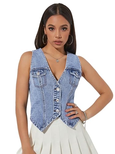 Verdusa Women's V Neck Asymmetrical Hem Sleeveless Button Front Denim Vest Top Medium Wash Small