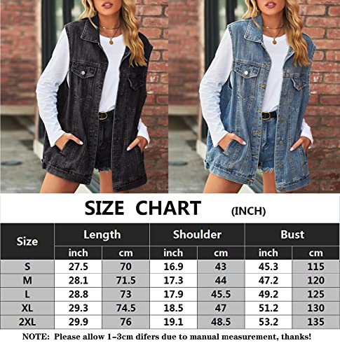 Anzber Women's Denim Vest Oversized Casual Classic Sleeveless Button Denim Jacket,Blue,3XL