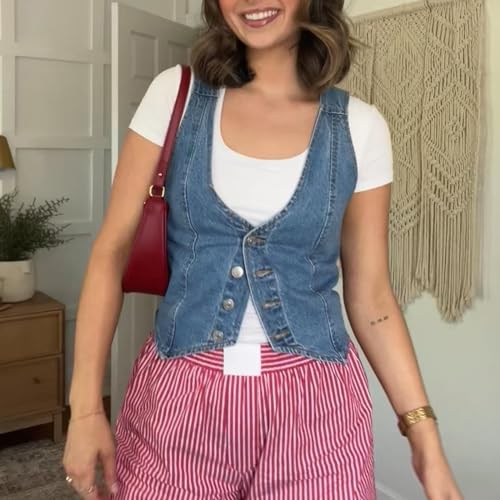 Women Denim Tank Tops Sleeveless Button Down Denim Vest Y2k Going Out Jean Tops Vintage Streetwear (B-Blue, M)