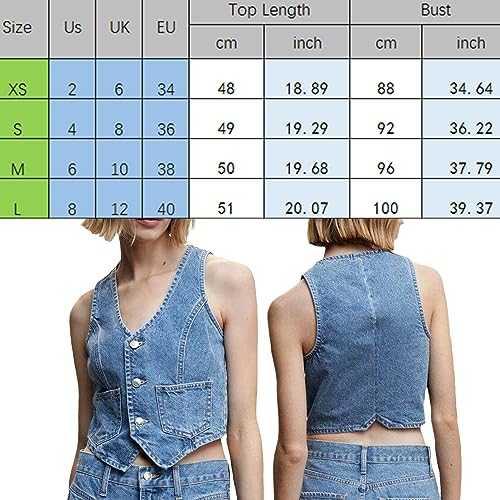 Women Denim Vest Sleeveless Crop Tops Button Denim Gilet Jacket Casual V Neck Jean Waistcoat Y2K Streetwear (Blue, L)