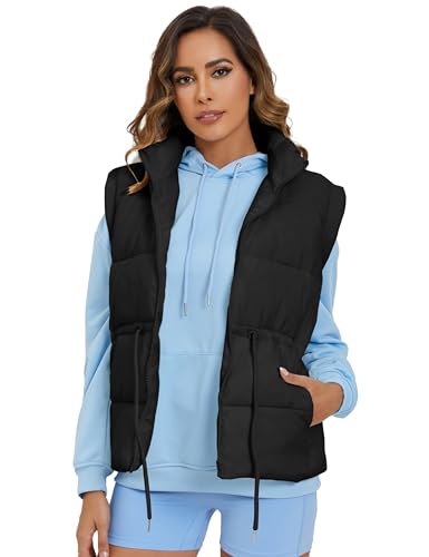 GTLIAE Womens Puffer Vest Lightweight Sleeveless Zip Up Adjustable Waist Coat Padded Gilet Jacket with Pockets(Black-S)