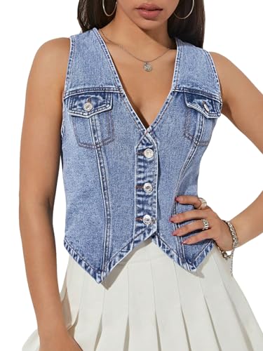 Verdusa Women's V Neck Asymmetrical Hem Sleeveless Button Front Denim Vest Top Medium Wash Small