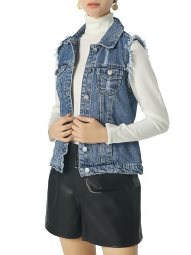 ebossy Women's Candy Color Slim Fit Sleeveless Distressed Denim Jean Vest Jacket (Large, Z-Blue)