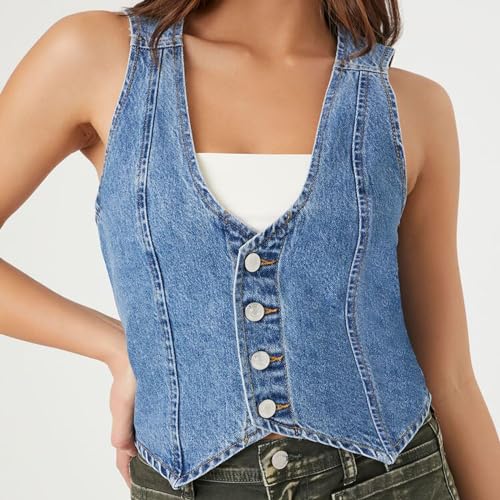 Women Denim Tank Tops Sleeveless Button Down Denim Vest Y2k Going Out Jean Tops Vintage Streetwear (B-Blue, M)