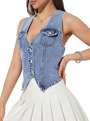 Verdusa Women's V Neck Asymmetrical Hem Sleeveless Button Front Denim Vest Top Medium Wash Small