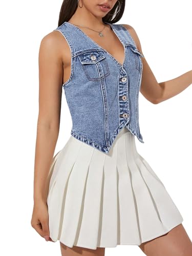 Verdusa Women's V Neck Asymmetrical Hem Sleeveless Button Front Denim Vest Top Medium Wash Small