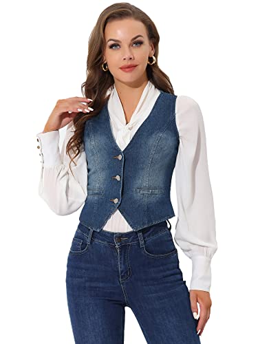 Allegra K Women's Denim Jakcet Sleeveless V Neck Button Down Casual Jean Waistcoat Vest X-Large Dark Blue