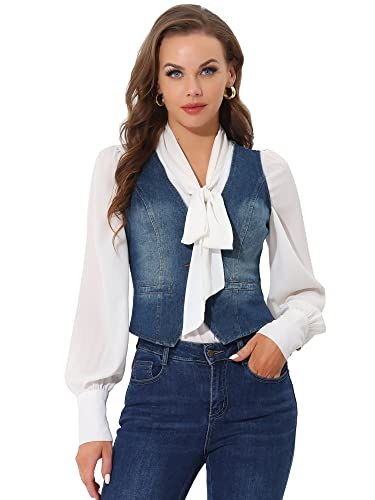 Allegra K Women's Denim Jakcet Sleeveless V Neck Button Down Casual Jean Waistcoat Vest X-Large Dark Blue