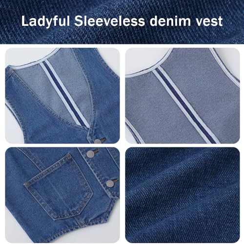 Ladyful Womens Crop Denim Vest Top Sleevelesss V Neck Jean Waistcoat Vest