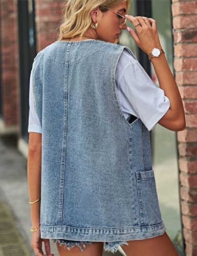 Shebote Womens Oversized Sleeveless Jean Denim Jacket Button Down Vest Top for Women Summer Waistcoat Jeans Vests Tops(0168-LightBlue-XL)