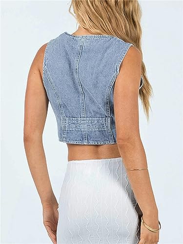 Women Y2K Button Down Denim Vest Sexy Sleeveless Denim Crop Top Low Cut Strapless Jean Corset Bustier Streetwear
