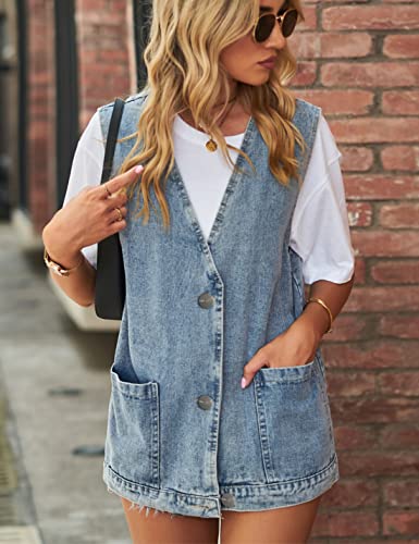 Shebote Womens Oversized Sleeveless Jean Denim Jacket Button Down Vest Top for Women Summer Waistcoat Jeans Vests Tops(0168-LightBlue-XL)