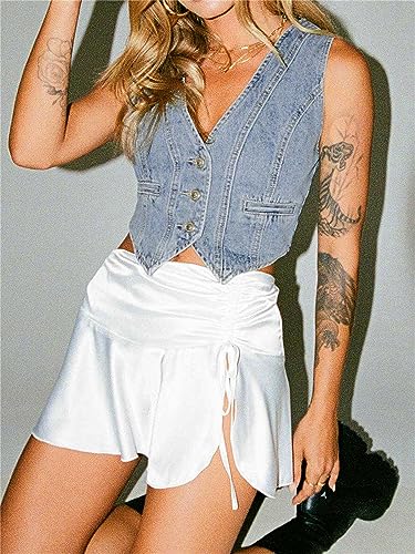 Women Y2K Button Down Denim Vest Sexy Sleeveless Denim Crop Top Low Cut Strapless Jean Corset Bustier Streetwear