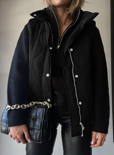 EVALESS Cute Black Cropped Puffer Vest Women Lightweight Quilted Stand Collar Sleeveless Jackets Fall 2024 Button Zip Up Jacket Winter Warm Coat Outerwear with Pockets Medium