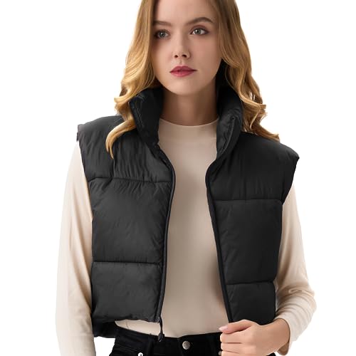 ANAYSN Women's Cropped Puffer Vest Sleeveless Warm Vests For Women Winter Stand Collar Lightweight Cropped Puffer Jacket(Black;S)