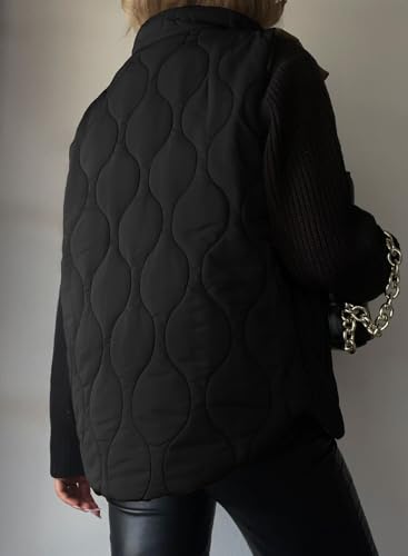EVALESS Cute Black Cropped Puffer Vest Women Lightweight Quilted Stand Collar Sleeveless Jackets Fall 2024 Button Zip Up Jacket Winter Warm Coat Outerwear with Pockets Medium