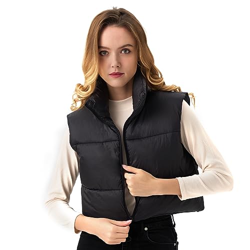 ANAYSN Women's Cropped Puffer Vest Sleeveless Warm Vests For Women Winter Stand Collar Lightweight Cropped Puffer Jacket（Black;S）