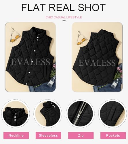 EVALESS Cute Black Cropped Puffer Vest Women Lightweight Quilted Stand Collar Sleeveless Jackets Fall 2024 Button Zip Up Jacket Winter Warm Coat Outerwear with Pockets Medium