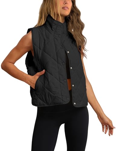 Zhiyouni Women's Quilted Puffer Vest Stand Collar Lightweight Button Down Padded Gilet with Pockets(Black-L)