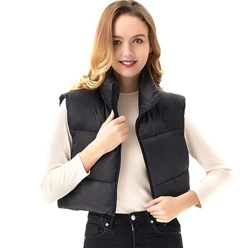 ANAYSN Women's Cropped Puffer Vest Sleeveless Warm Vests For Women Winter Stand Collar Lightweight Cropped Puffer Jacket（Black;S）