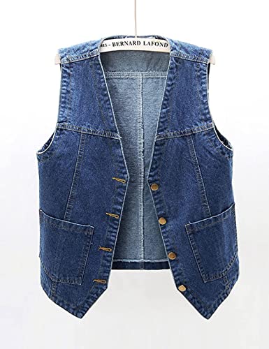 Peaceglad Womens Casual Jean Vest V Neck Open Front Button Down Sleeveless Denim Jacket with Pockets(DarkBlue,XXL)
