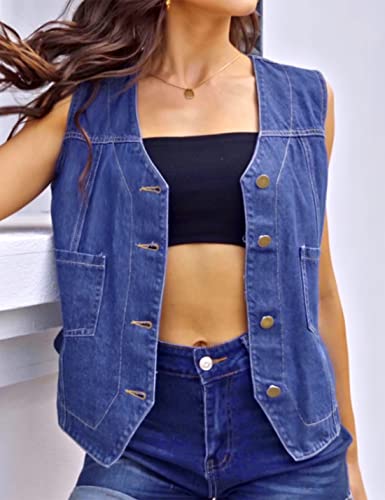 Peaceglad Womens Casual Jean Vest V Neck Open Front Button Down Sleeveless Denim Jacket with Pockets(DarkBlue,XXL)