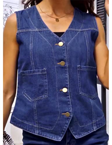 Peaceglad Womens Casual Jean Vest V Neck Open Front Button Down Sleeveless Denim Jacket with Pockets(DarkBlue,XXL)