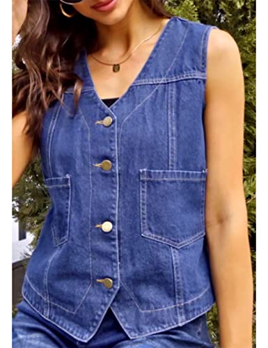 Peaceglad Womens Casual Jean Vest V Neck Open Front Button Down Sleeveless Denim Jacket with Pockets(DarkBlue,XXL)