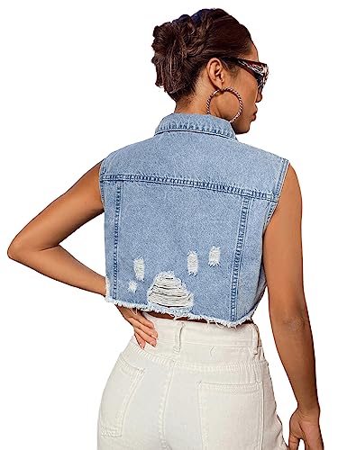 Verdusa Women's Ripped Raw Hem Sleeveless Button Up Crop Denim Vest Jean Outerwear Blue M