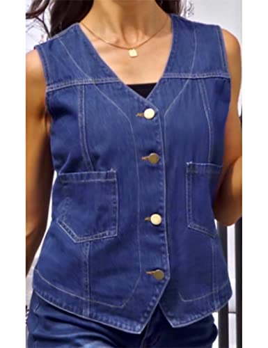 Peaceglad Womens Casual Jean Vest V Neck Open Front Button Down Sleeveless Denim Jacket with Pockets(DarkBlue,XXL)