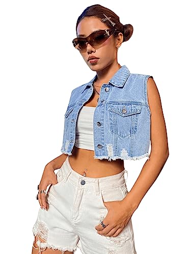 Verdusa Women's Ripped Raw Hem Sleeveless Button Up Crop Denim Vest Jean Outerwear Blue M