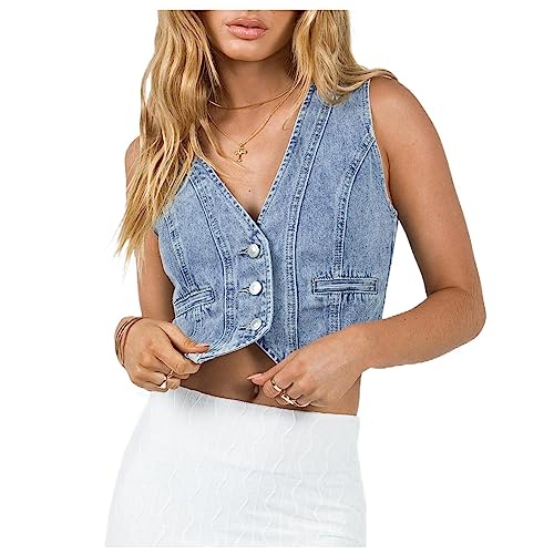 HOXIJIA Women Vintage Y2K Denim Vest Sleeveless V Neck Button Crop Jean Waistcoat Vest Retro Streetwear Going Out Tank Top(Blue, L)