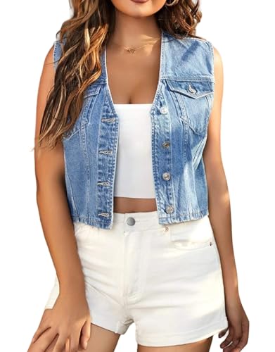 LifeShe Women's Cropped Denim Vest Top Casual V Neck Button Down Sleeveless Jean Jacket Waistcoat