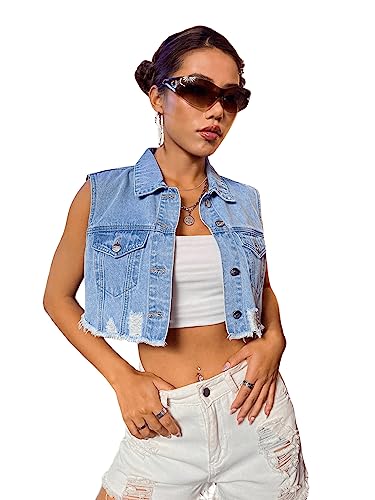 Verdusa Women's Ripped Raw Hem Sleeveless Button Up Crop Denim Vest Jean Outerwear Blue M