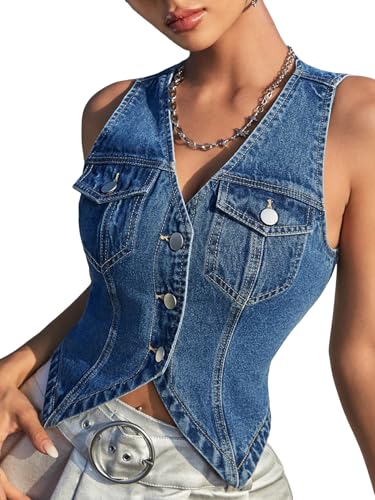 Verdusa Women's Sleeveless Button Front V Neck Sleeveless Asymmetrical Crop Denim Vest Top Blue Medium